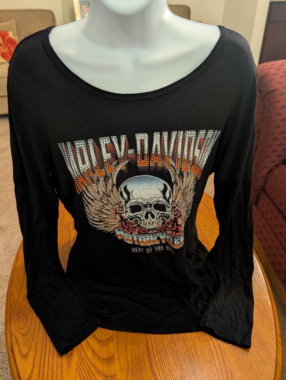 Harley-Davidson Black Long Sleeve Skull & Wings Rhinestone Graphic Tee - Size M